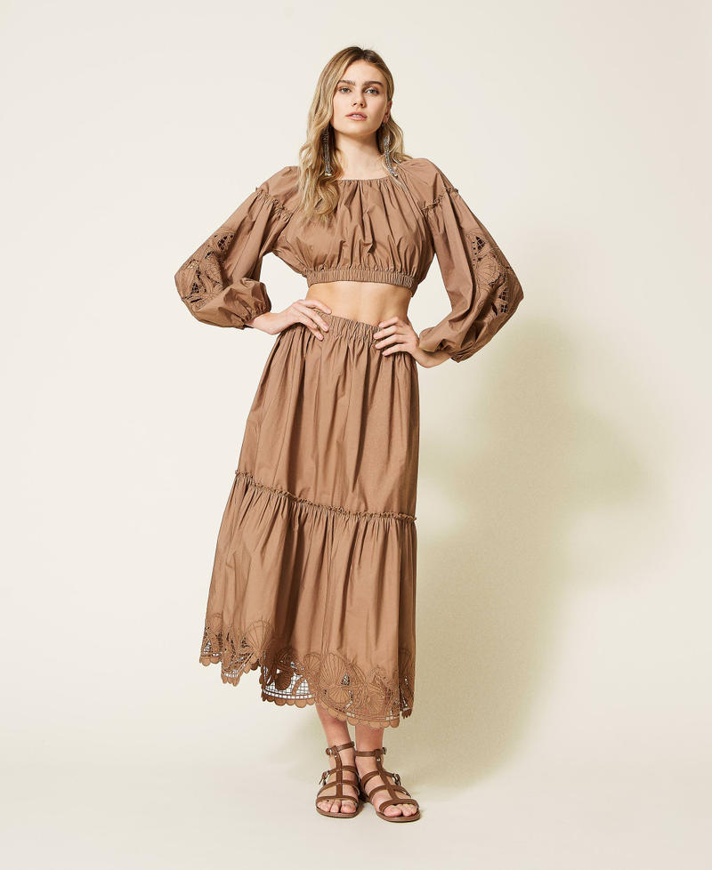 Flounced midi skirt with embroideries