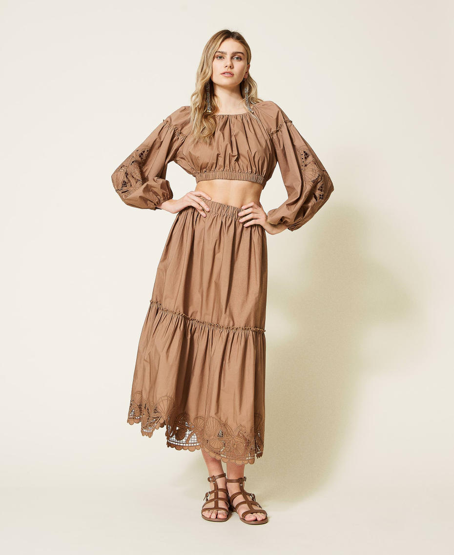 Flounced midi skirt with embroideries