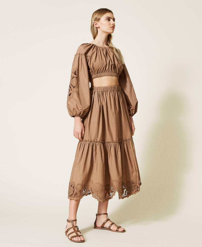 Flounced midi skirt with embroideries