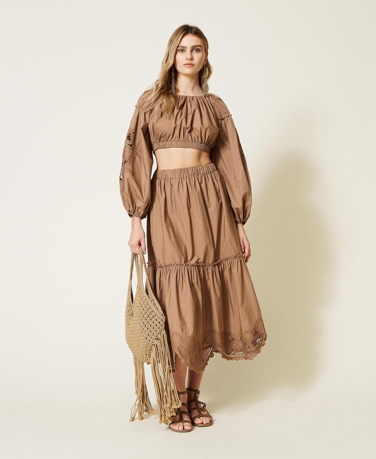 Flounced midi skirt with embroideries