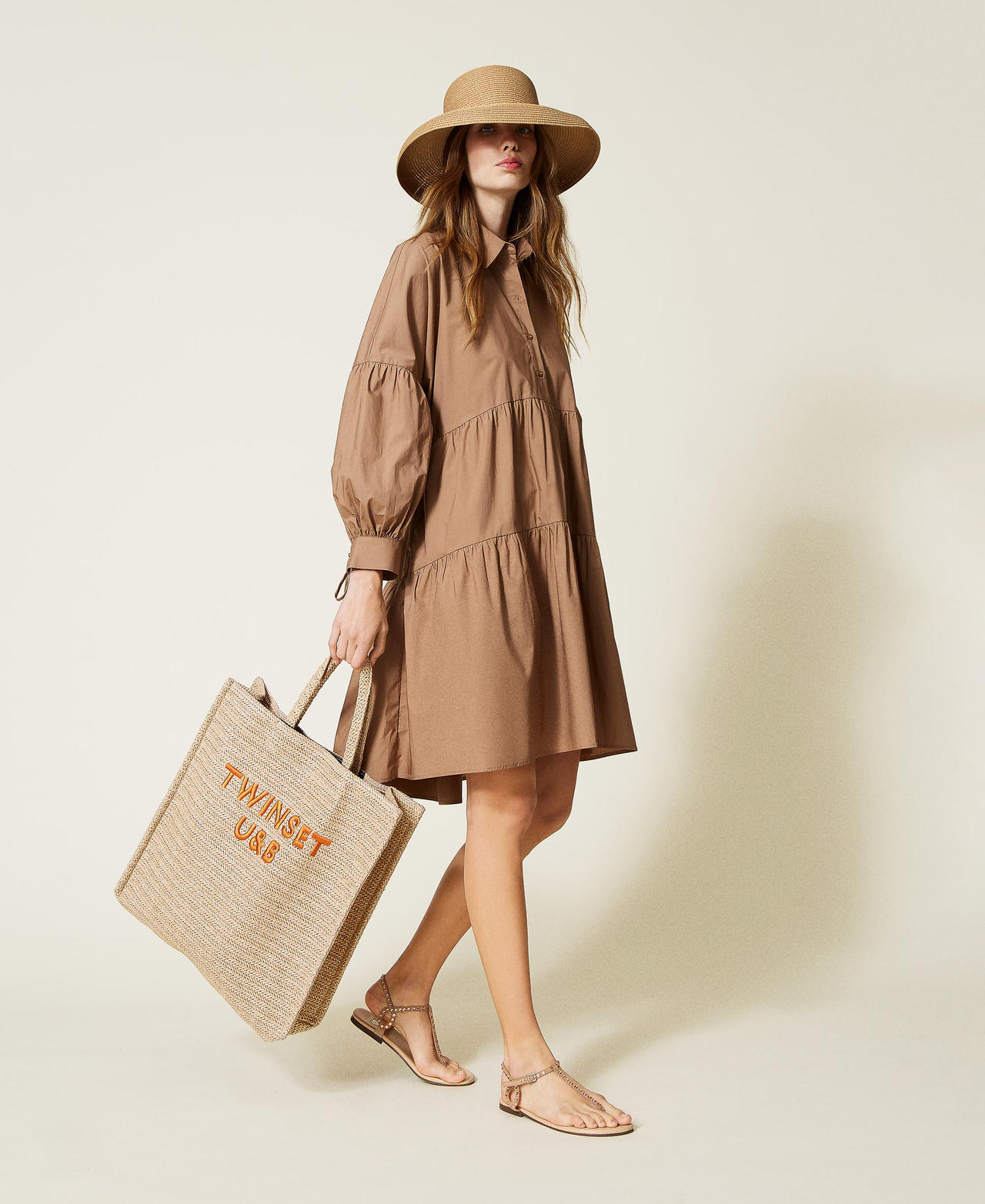Poplin midi dress with flounces