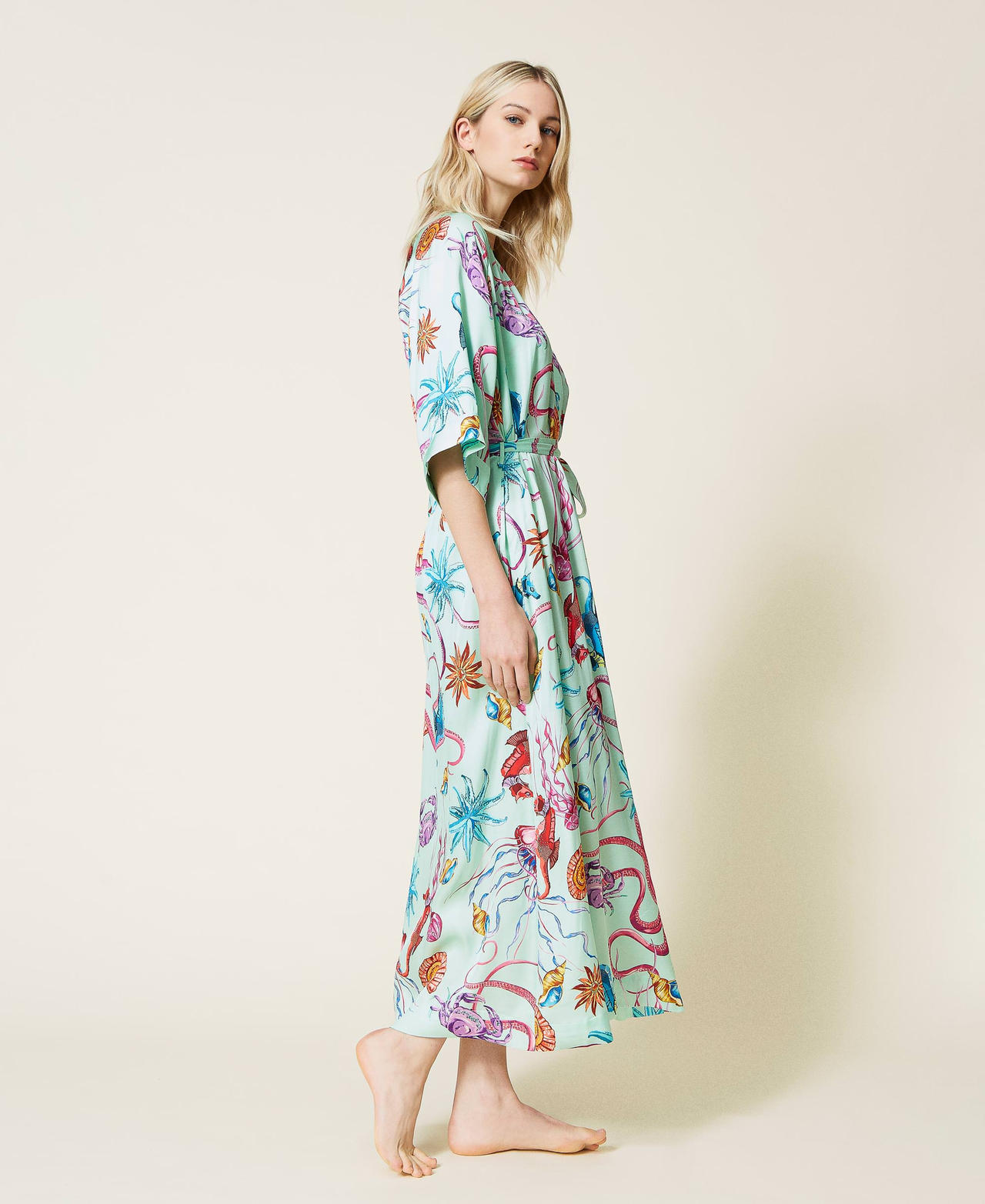 Printed satin long kaftan