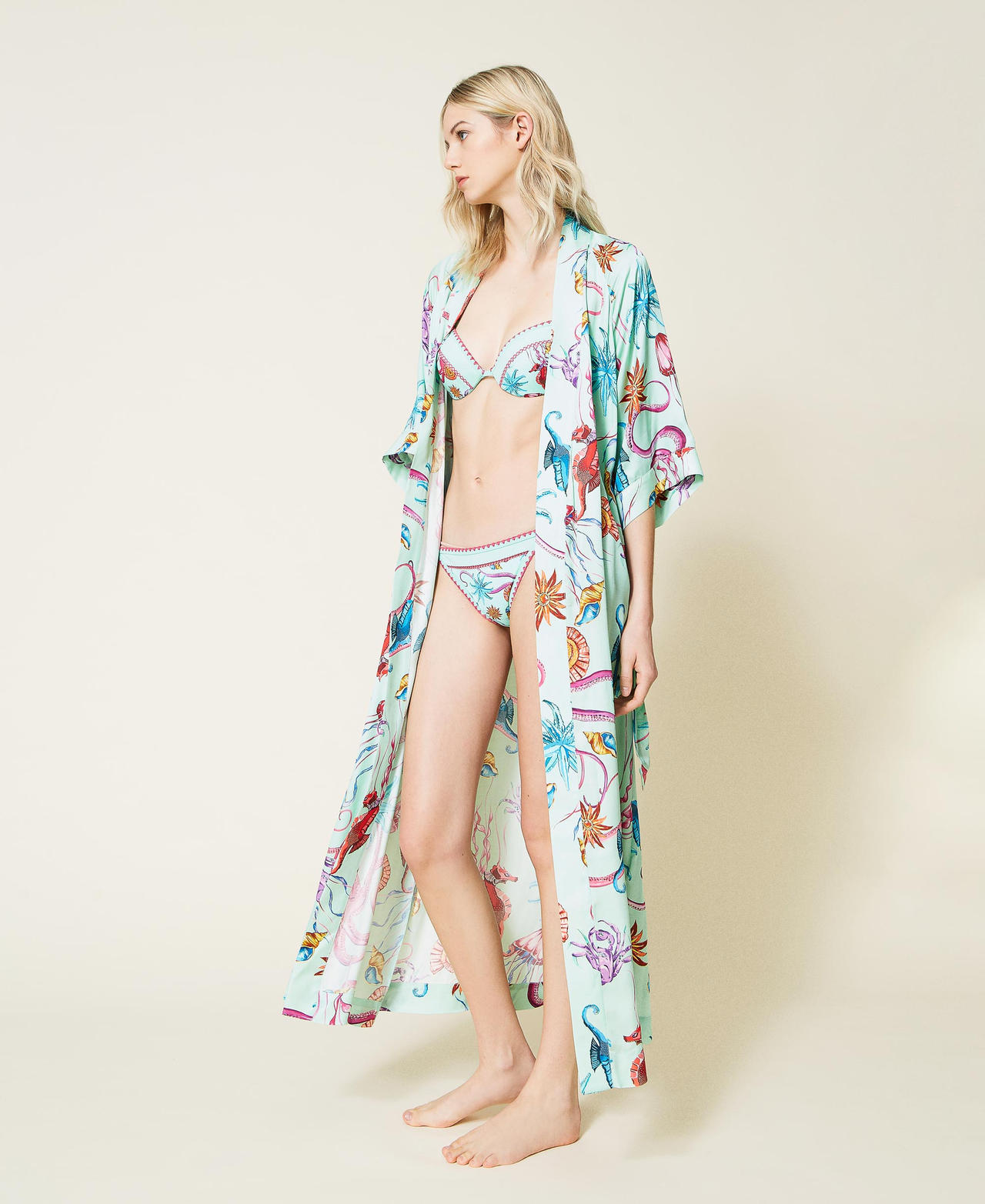 Printed satin long kaftan Woman Green TWINSET Milano