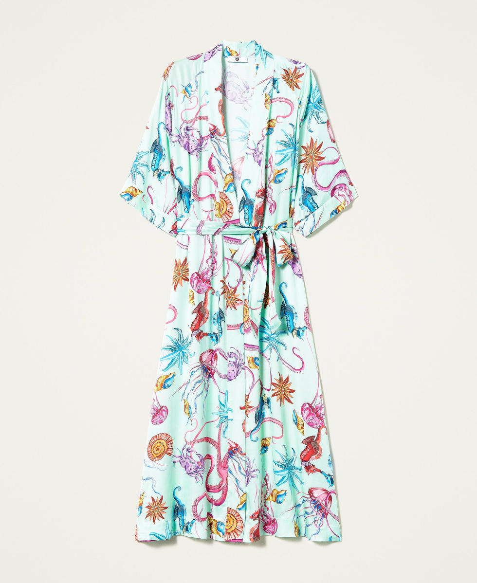 Caftan long en satin imprim&eacute;