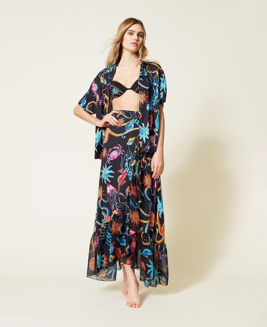 Printed midi sarong skirt Black Seashell Print Woman 221LB2MEE-01