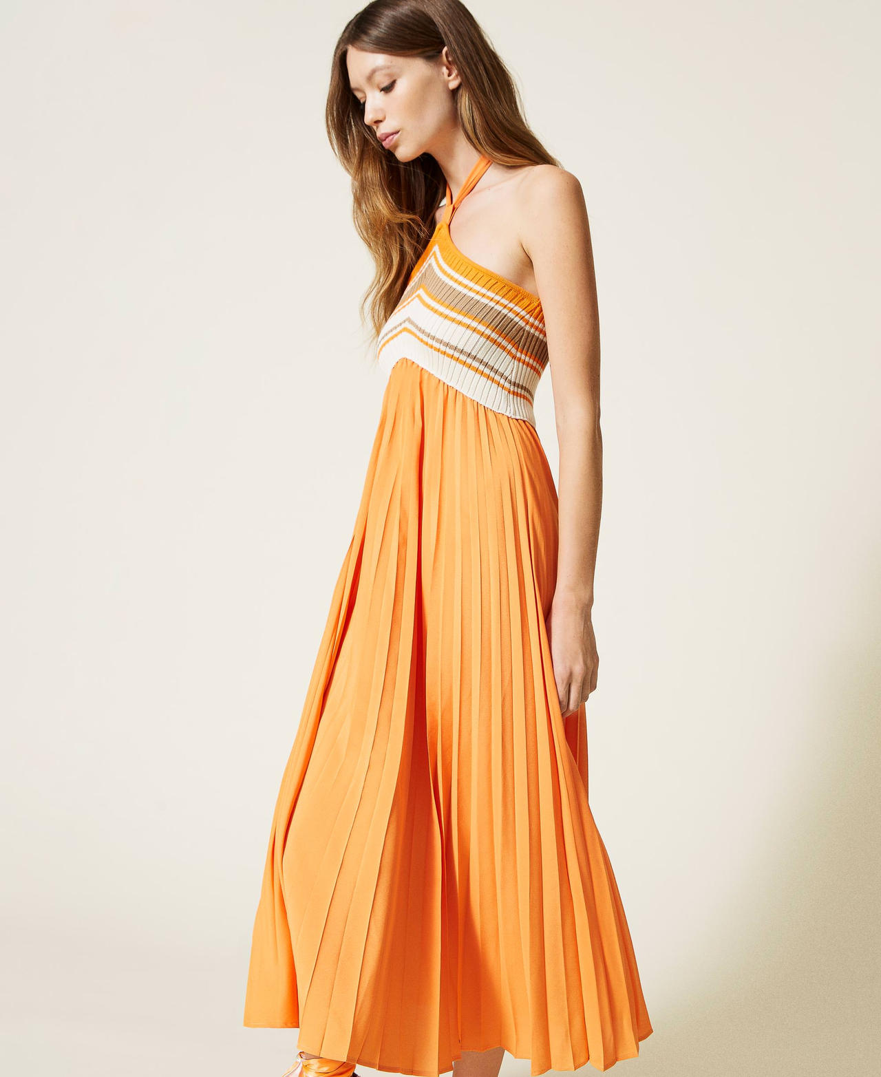 Long dress with stripes and pleats Mellon / Dune / Ivory Multicolour Woman 221LB31NN-02