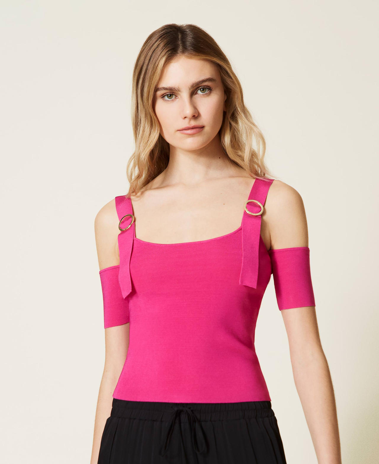 Off shoulder knit top "Raspberry” Fuchsia Woman 221LB31TT-02