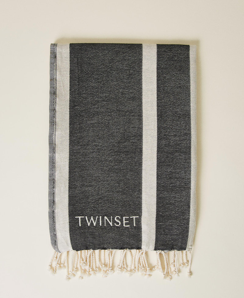 Jacquard beach towel with logo Two-tone Ivory / Black Woman 221LB4ZKK-01