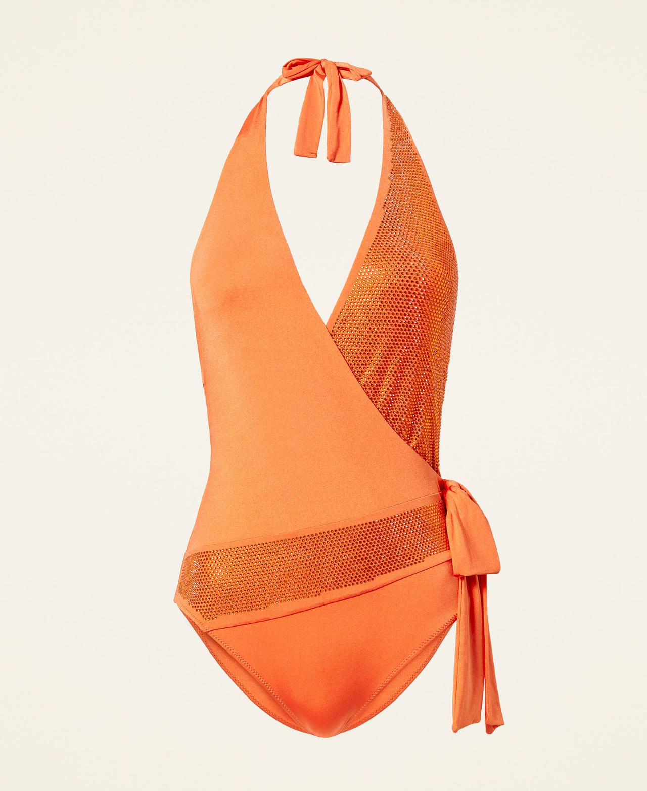 One-piece swimsuit with rhinestones and ribbon "Orange Sun” Orange Woman 221LBMBVV-0S
