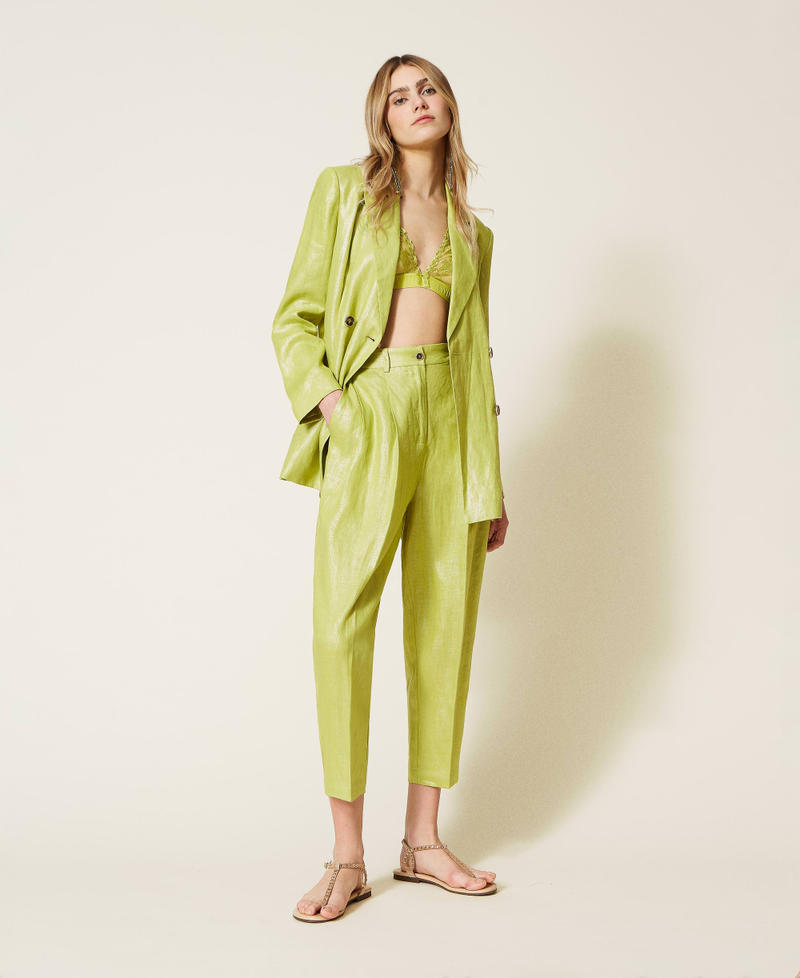 Pantaloni cropped in lino laminato Verde "Green Oasis" Donna 221LL23YY-01