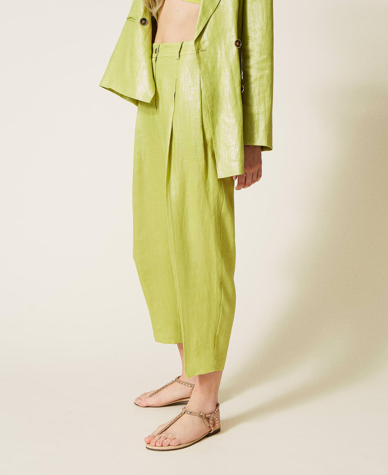 Pantaloni cropped in lino laminato Verde "Green Oasis" Donna 221LL23YY-02