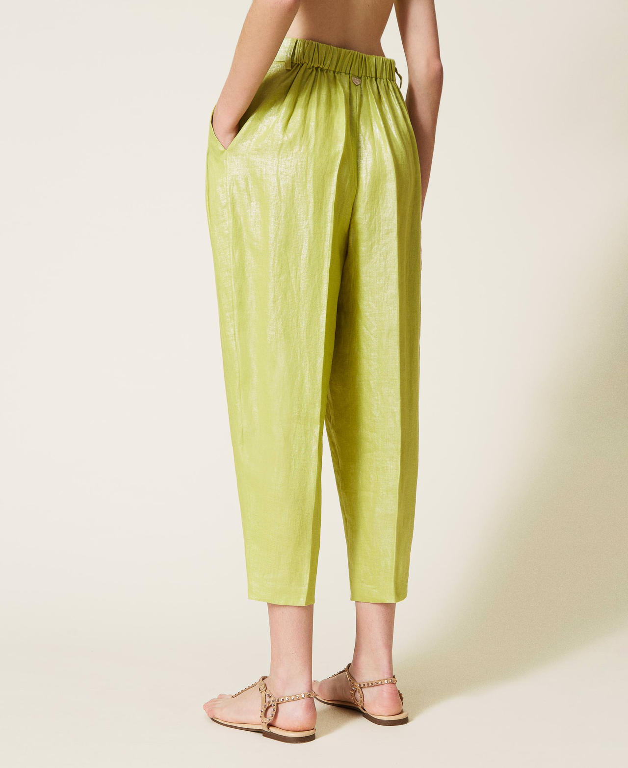 Pantaloni cropped in lino laminato Verde "Green Oasis" Donna 221LL23YY-03