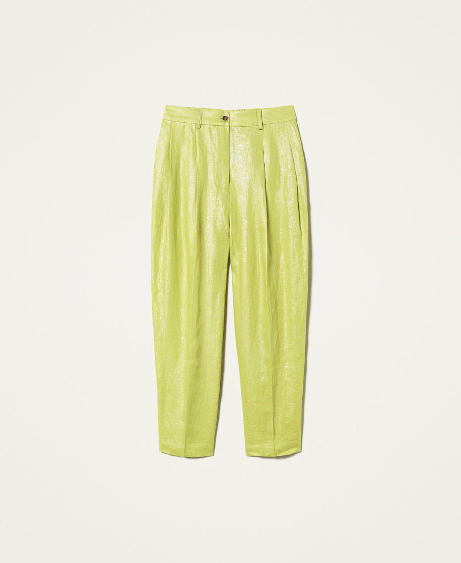Pantaloni cropped in lino laminato Verde "Green Oasis" Donna 221LL23YY-0S