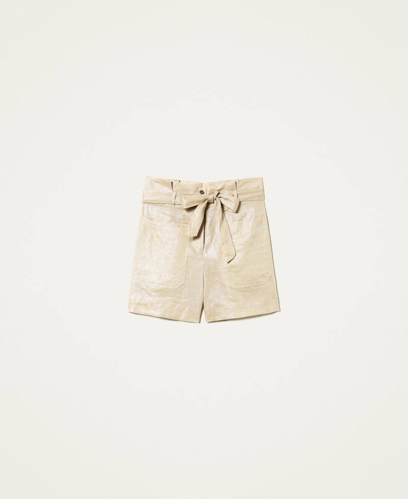 High waist laminated linen shorts