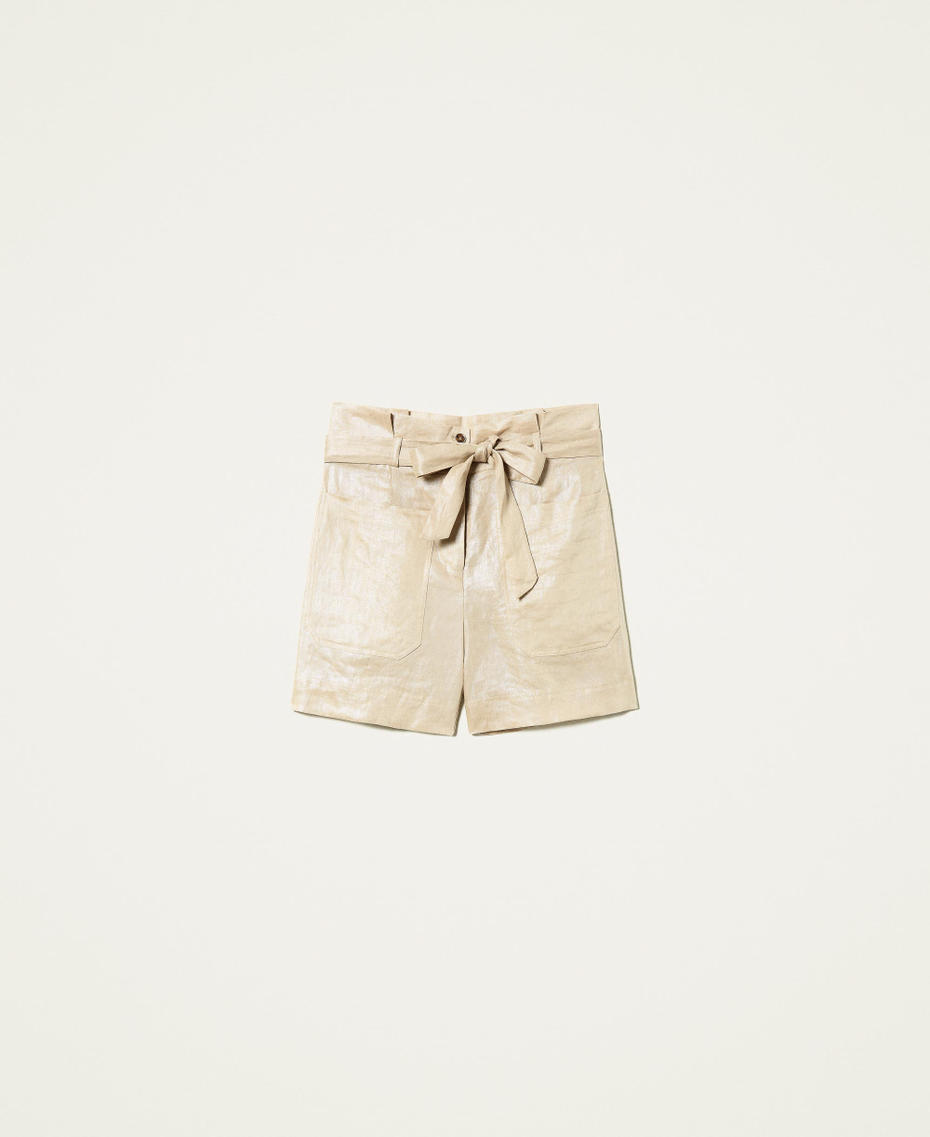 High waist laminated linen shorts Nougat Beige Woman 221LL23ZZ-0S