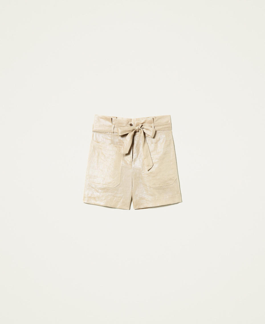 High waist laminated linen shorts
