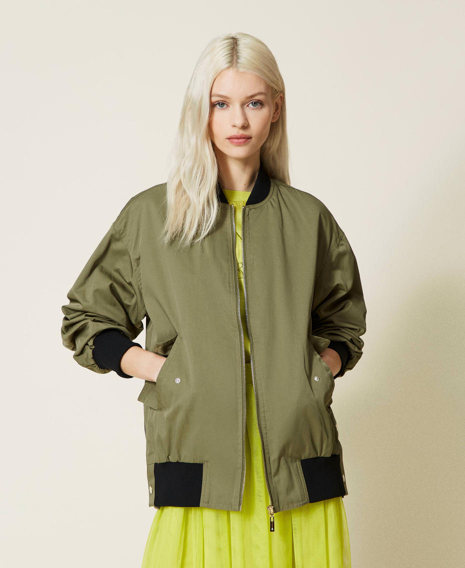 Gabardine bomber jacket Two-tone “Olive” Green / Black Woman 221LL24BB-01