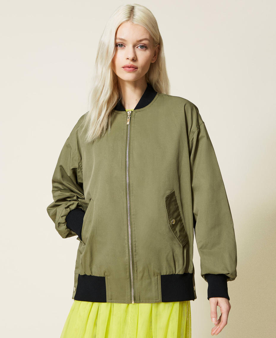 Gabardine bomber jacket Two-tone “Olive” Green / Black Woman 221LL24BB-05