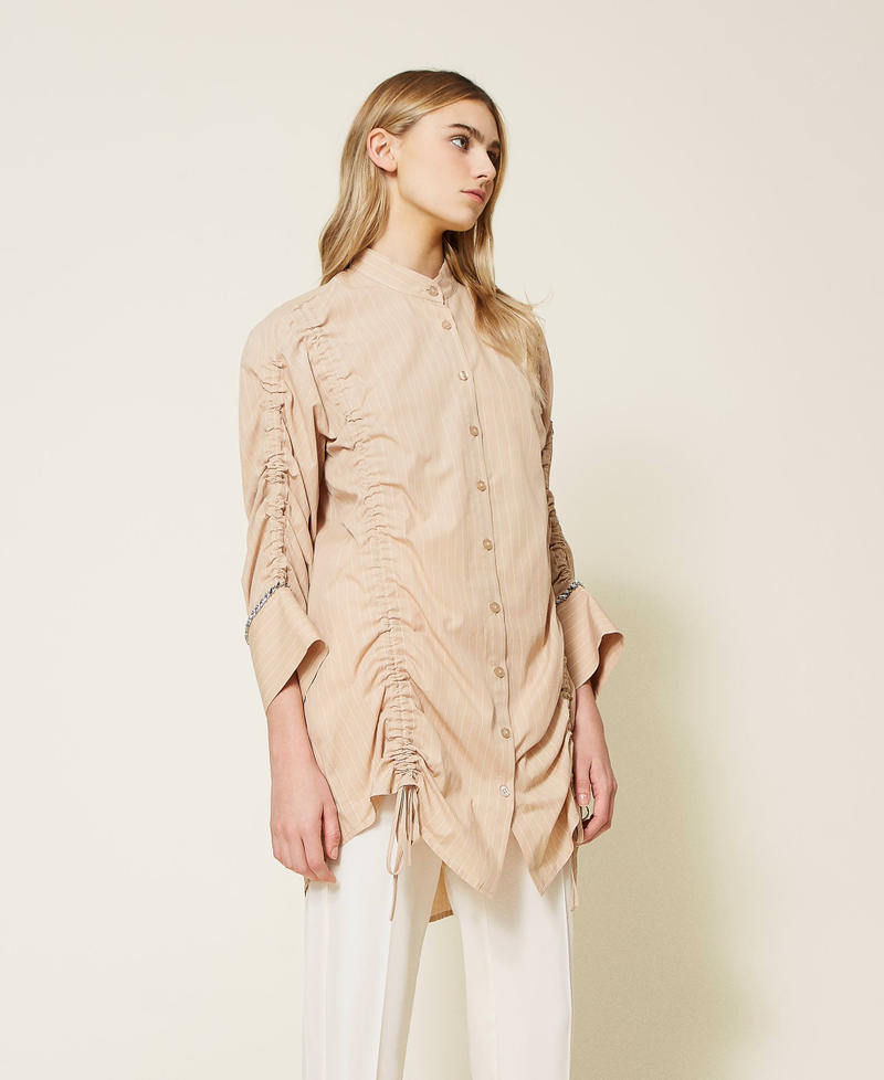 Jacquard maxi shirt with embroidery Two-tone “Nougat” Beige / "Snow” White Woman 221LL25JJ-03