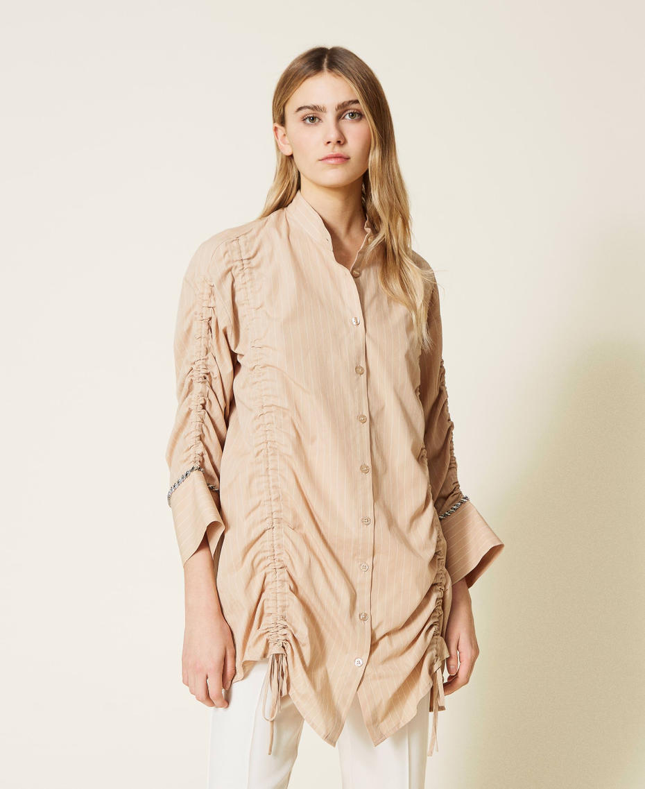 Jacquard maxi shirt with embroidery Two-tone “Nougat” Beige / "Snow” White Woman 221LL25JJ-05