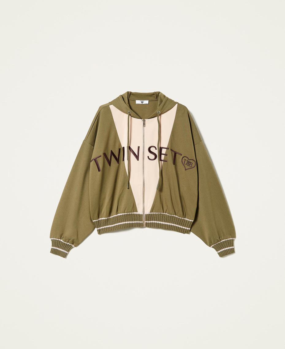 Hoodie with logo embroidery Two-tone “Olive” Green / “Nougat” Beige Woman 221LL26PP-0S