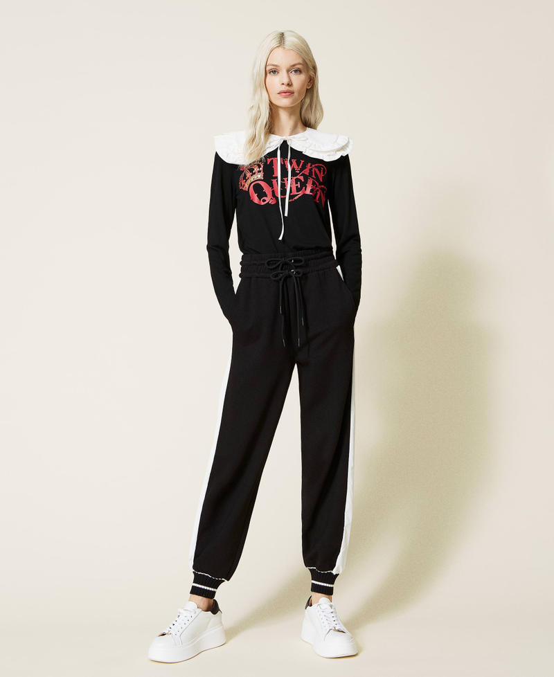 Joggers with side bands Bicolour Black / "Snow" White Woman 221LL26QQ_03710_02