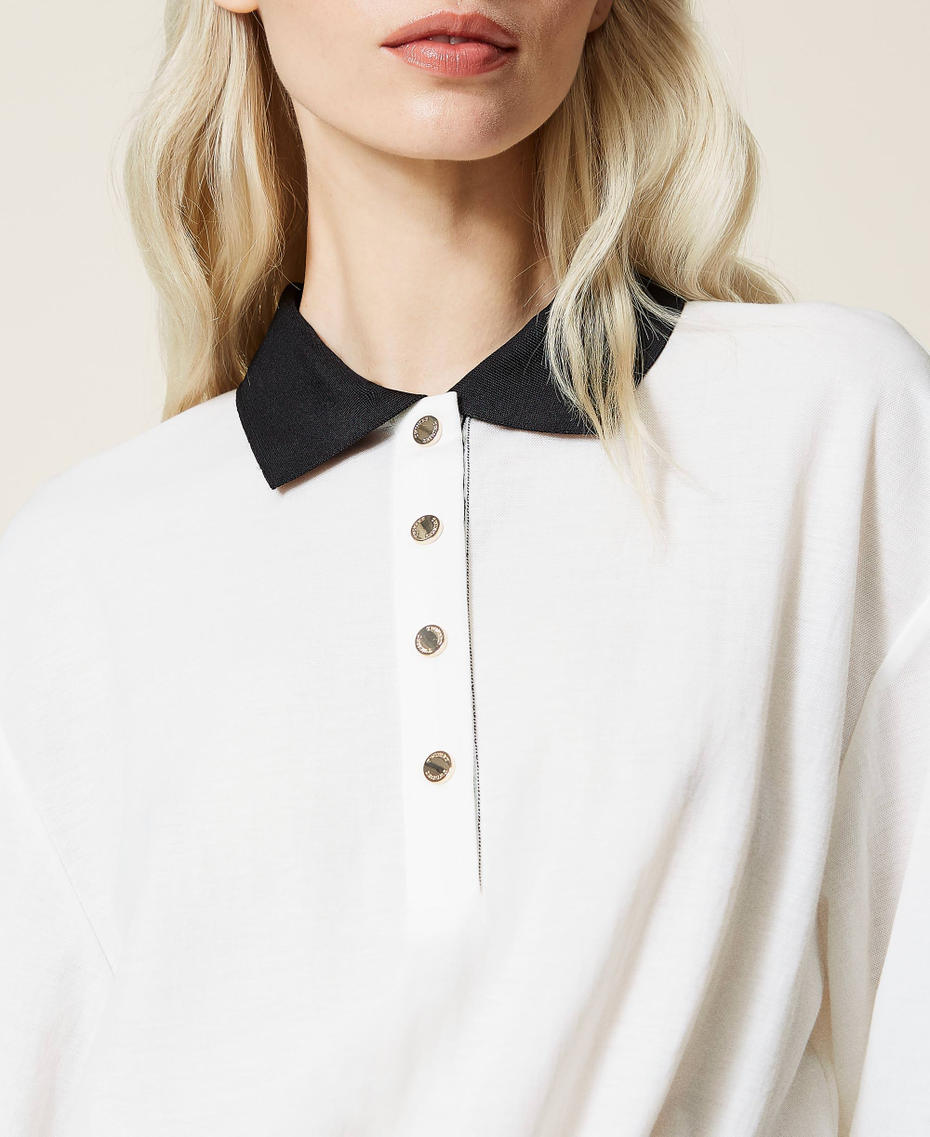 Sweat-shirt cropped avec cordon coulissant Bicolore Blanc Neige / Noir Femme 221LL27BB-05