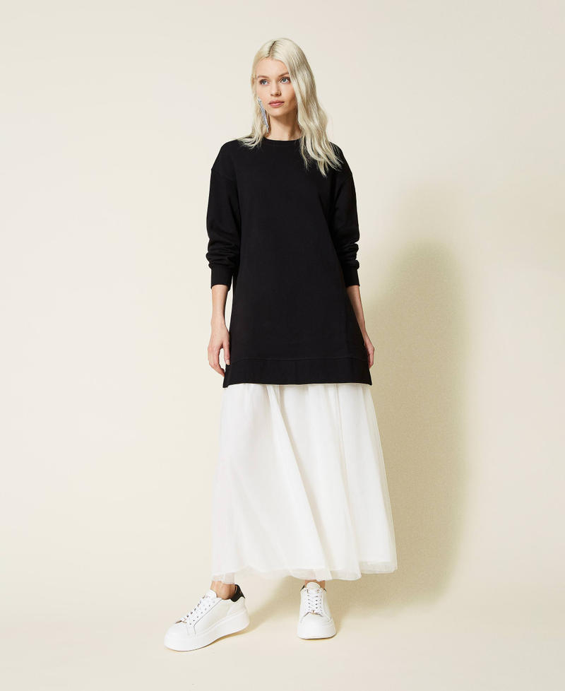 Plush fabric dress with tulle slip Bicolour Black / "Snow" White Woman 221LL2800-01