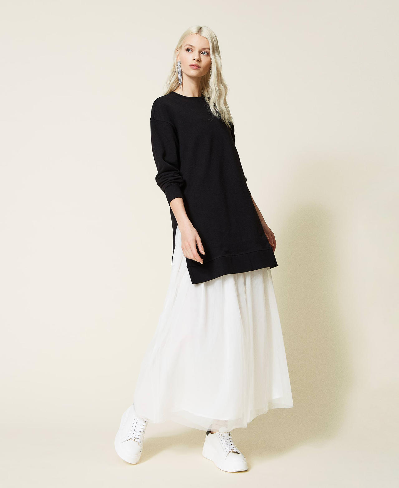 Plush fabric dress with tulle slip Bicolour Black / "Snow" White Woman 221LL2800-02