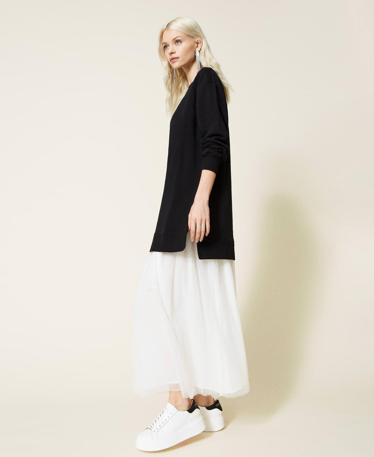 Plush fabric dress with tulle slip Bicolour Black / "Snow" White Woman 221LL2800-03