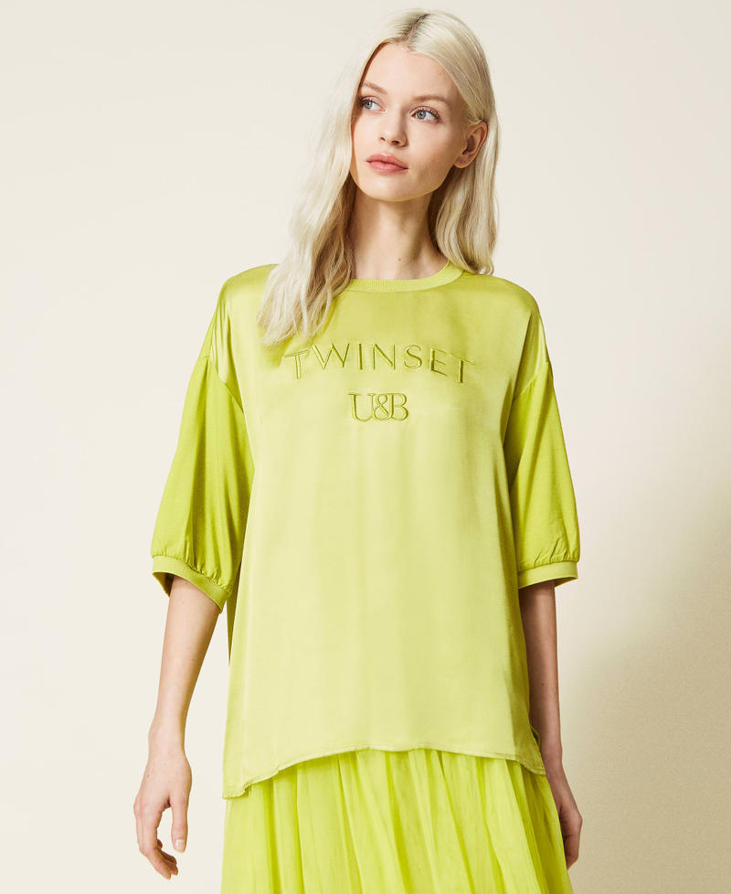 Satin t-shirt with embroidered logo "Green Oasis" Woman 221LL28AA-01