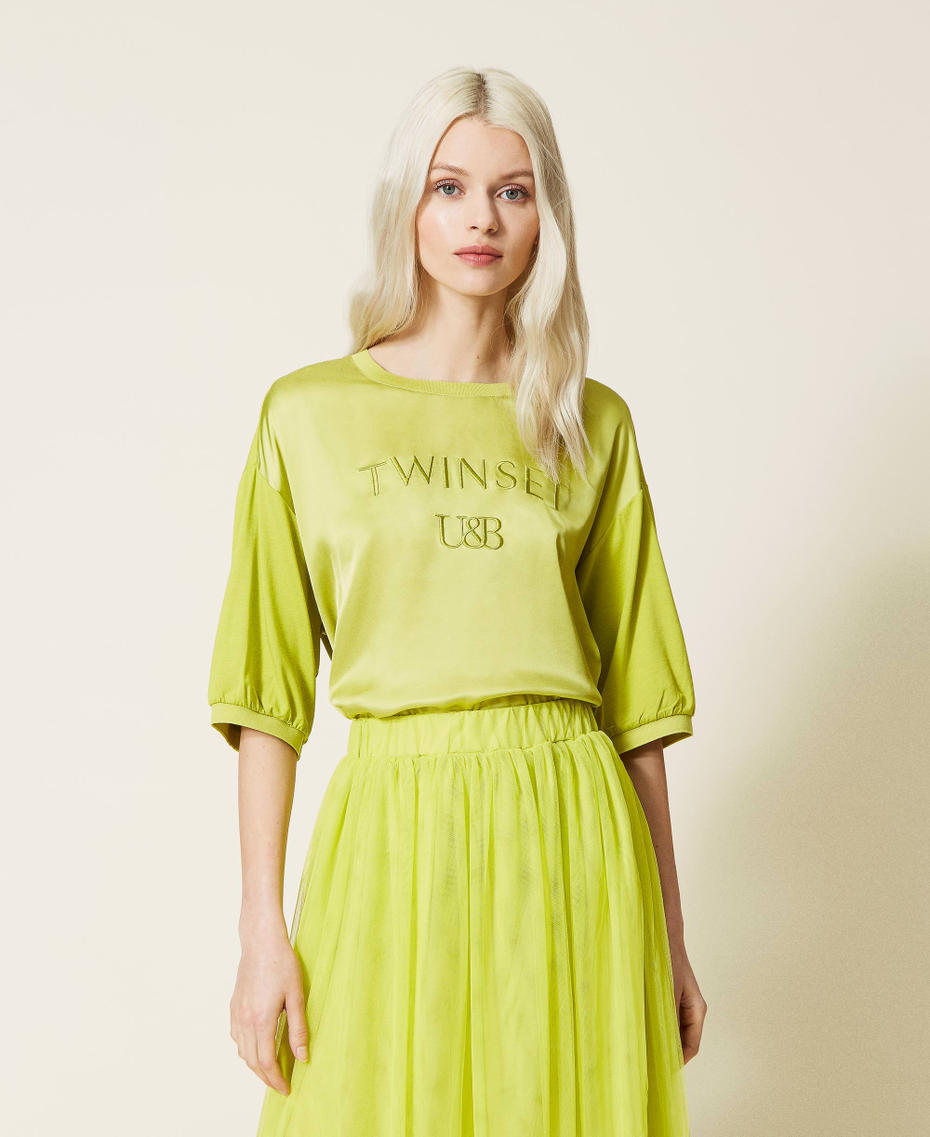 Satin t-shirt with embroidered logo "Green Oasis" Woman 221LL28AA-05
