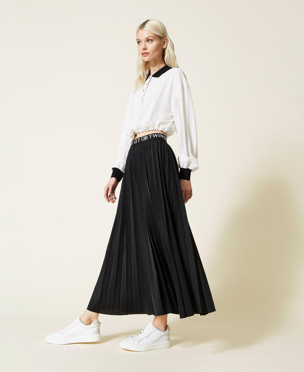 Black and white pleated midi skirt top