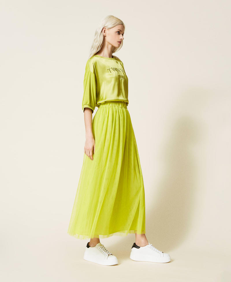 Pleated tulle long skirt "Green Oasis" Woman 221LL28XX-01