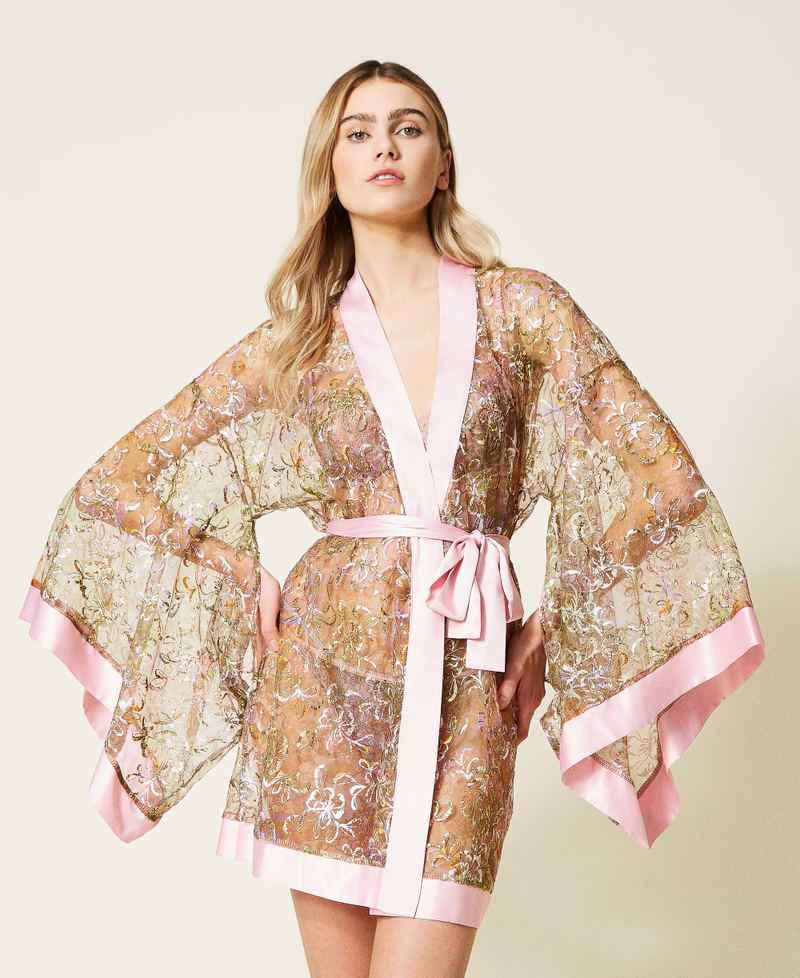 Embroidered tulle short dressing gown Two-tone “Silver Pink” /Lilac Paisley Print Woman 221LL2EYY-01
