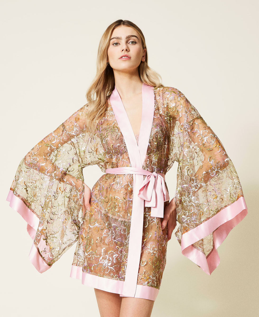 Embroidered tulle short dressing gown