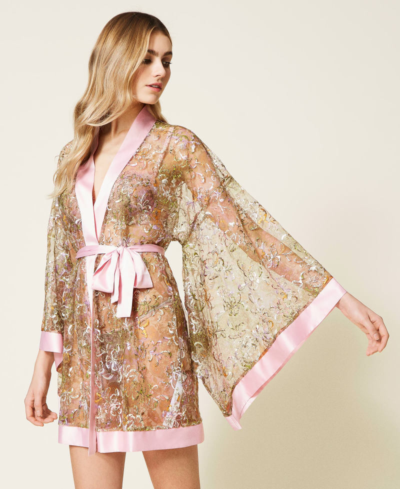 Embroidered tulle short dressing gown Two-tone “Silver Pink” /Lilac Paisley Print Woman 221LL2EYY-02