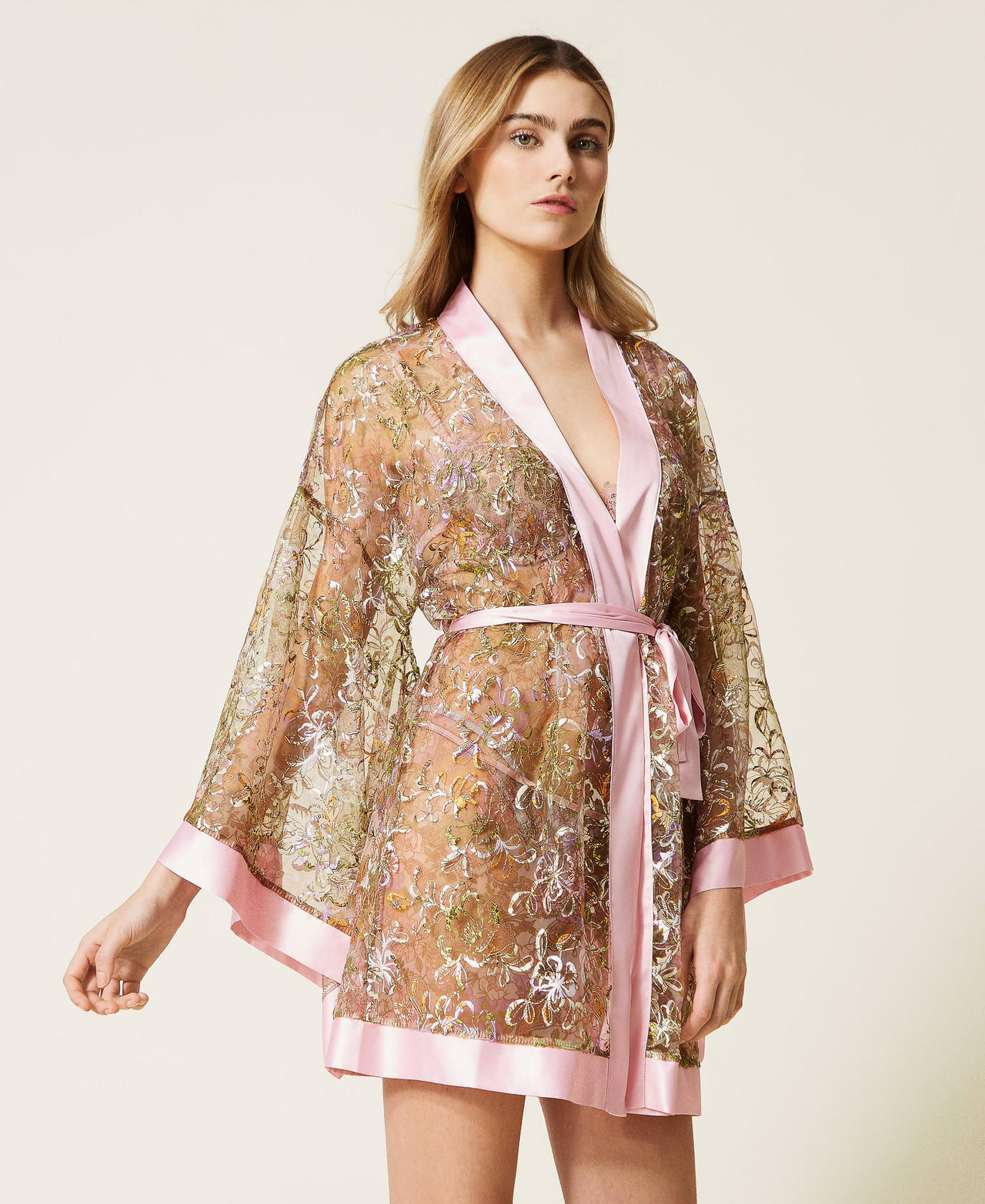 Embroidered tulle short dressing gown Two-tone “Silver Pink” /Lilac Paisley Print Woman 221LL2EYY-03