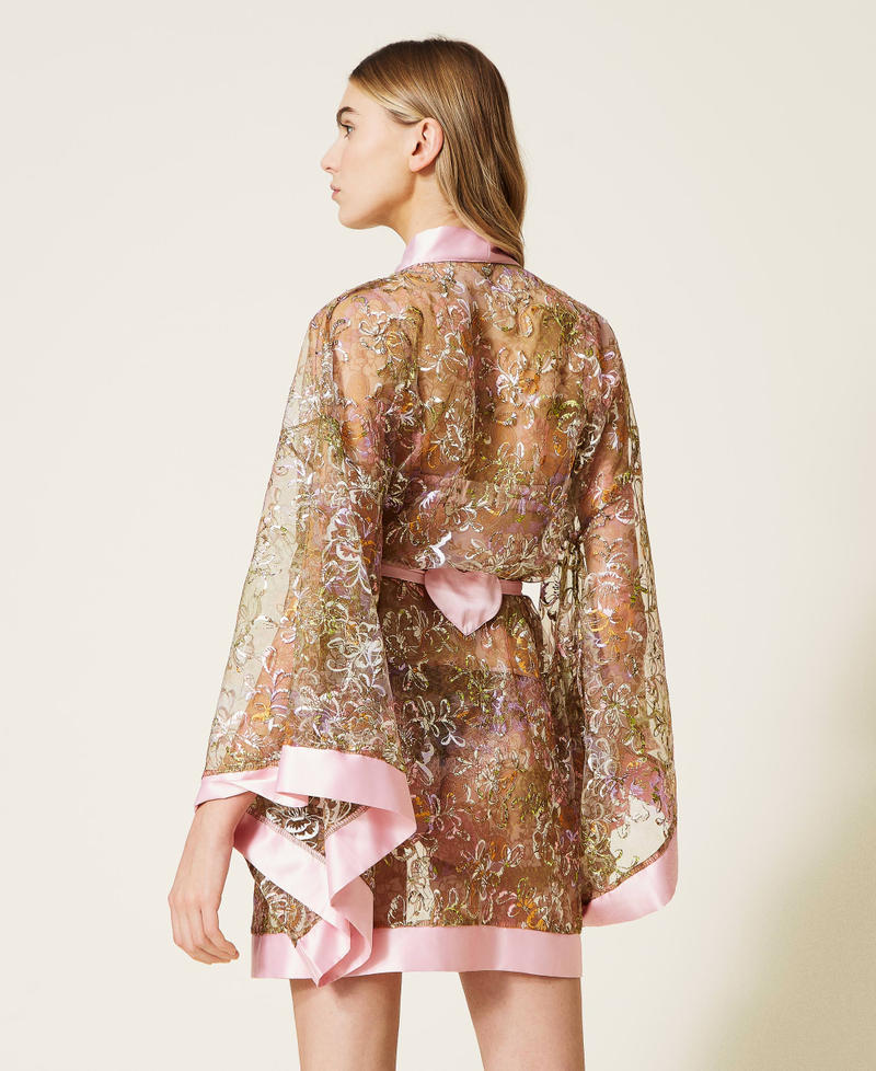 Embroidered tulle short dressing gown Two-tone “Silver Pink” /Lilac Paisley Print Woman 221LL2EYY-04