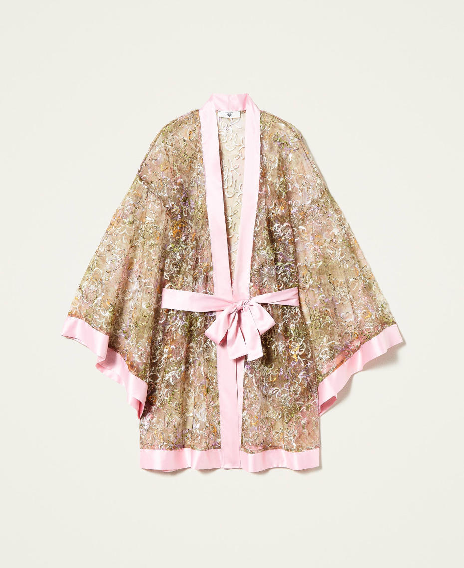 Embroidered tulle short dressing gown Two-tone “Silver Pink” /Lilac Paisley Print Woman 221LL2EYY-0S