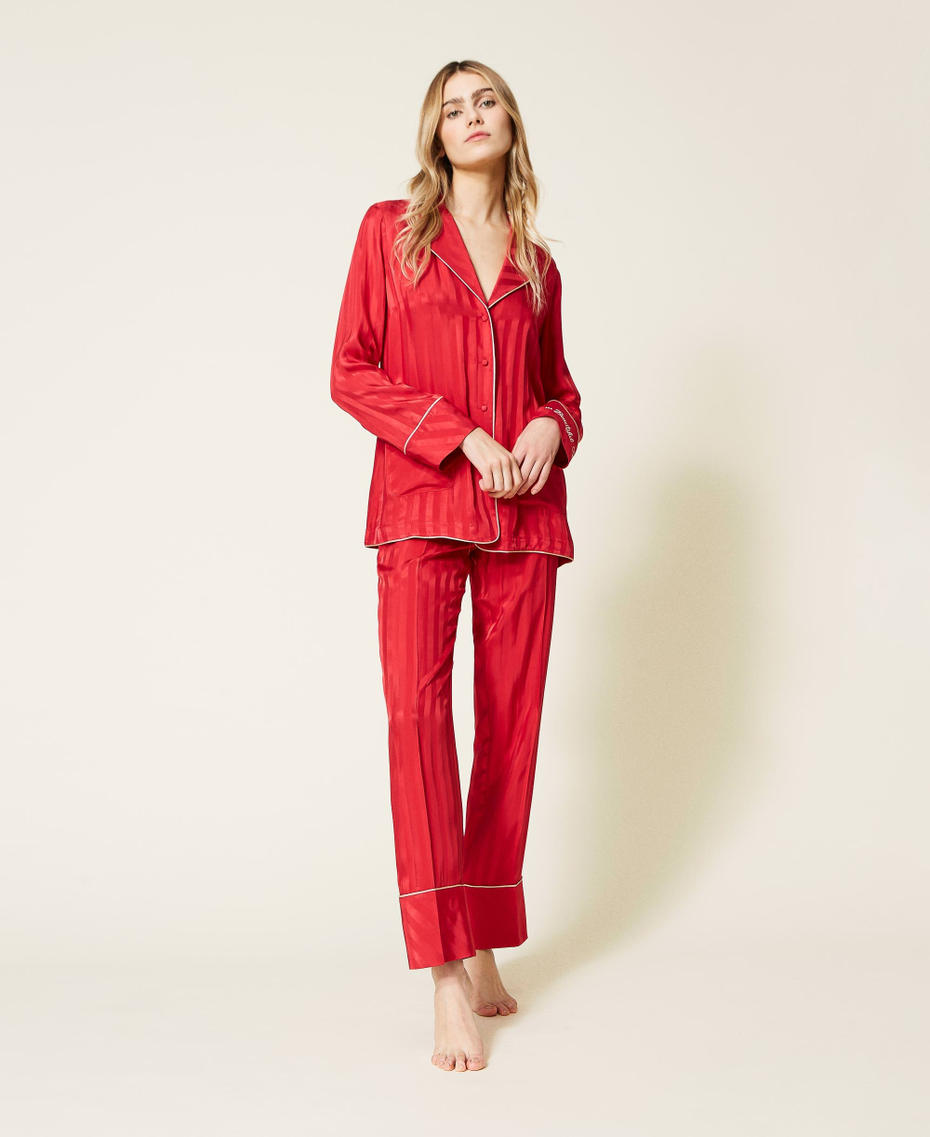 Jacquard-Pyjama aus Satin Kirsch Rot Frau 221LL2FAA-01