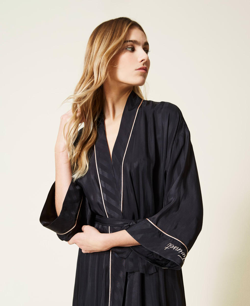 Jacquard satin dressing gown Woman Black TWINSET Milano