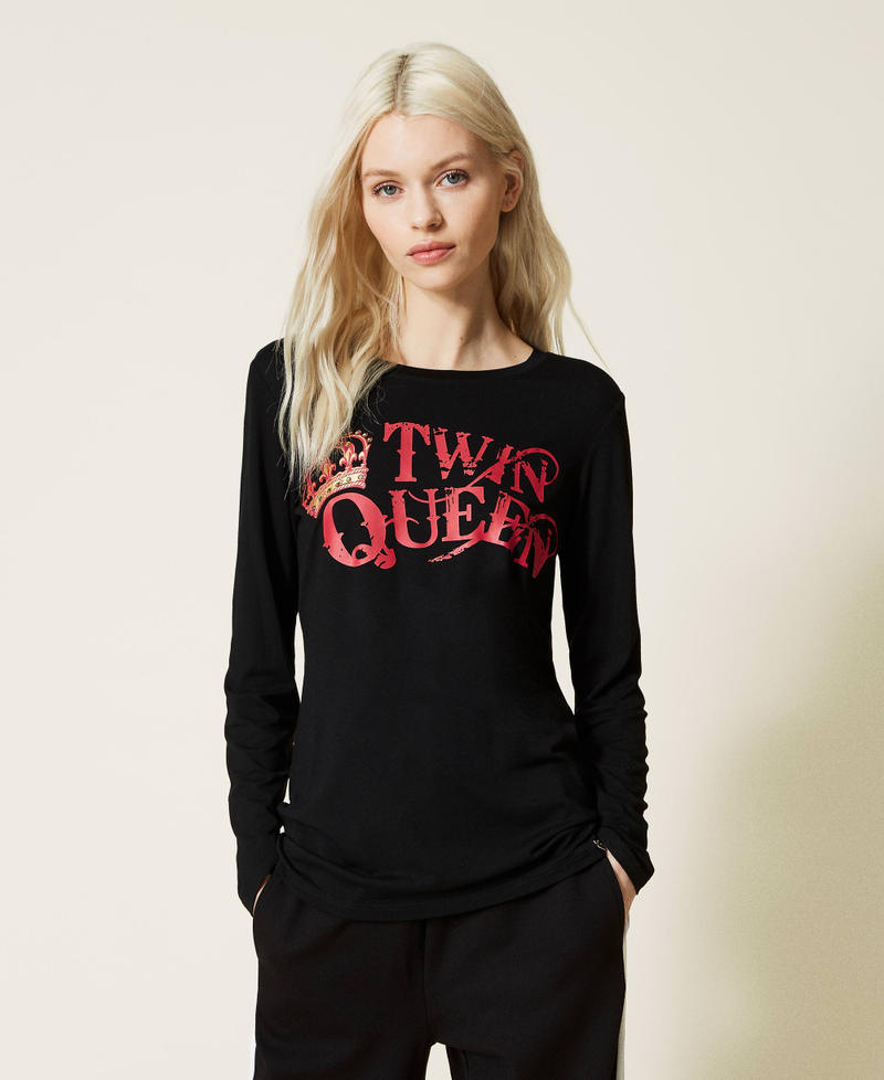 T-shirt con stampa Twin Queen e colletto Nero Donna 221LL2MBB-06