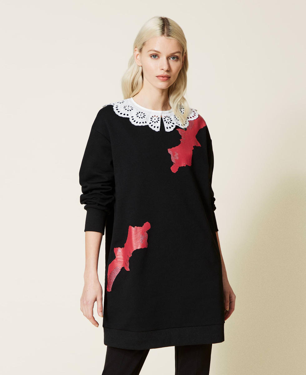 Maxi felpa con stampa Twin Queen e colletto Donna Nero TWINSET Milano