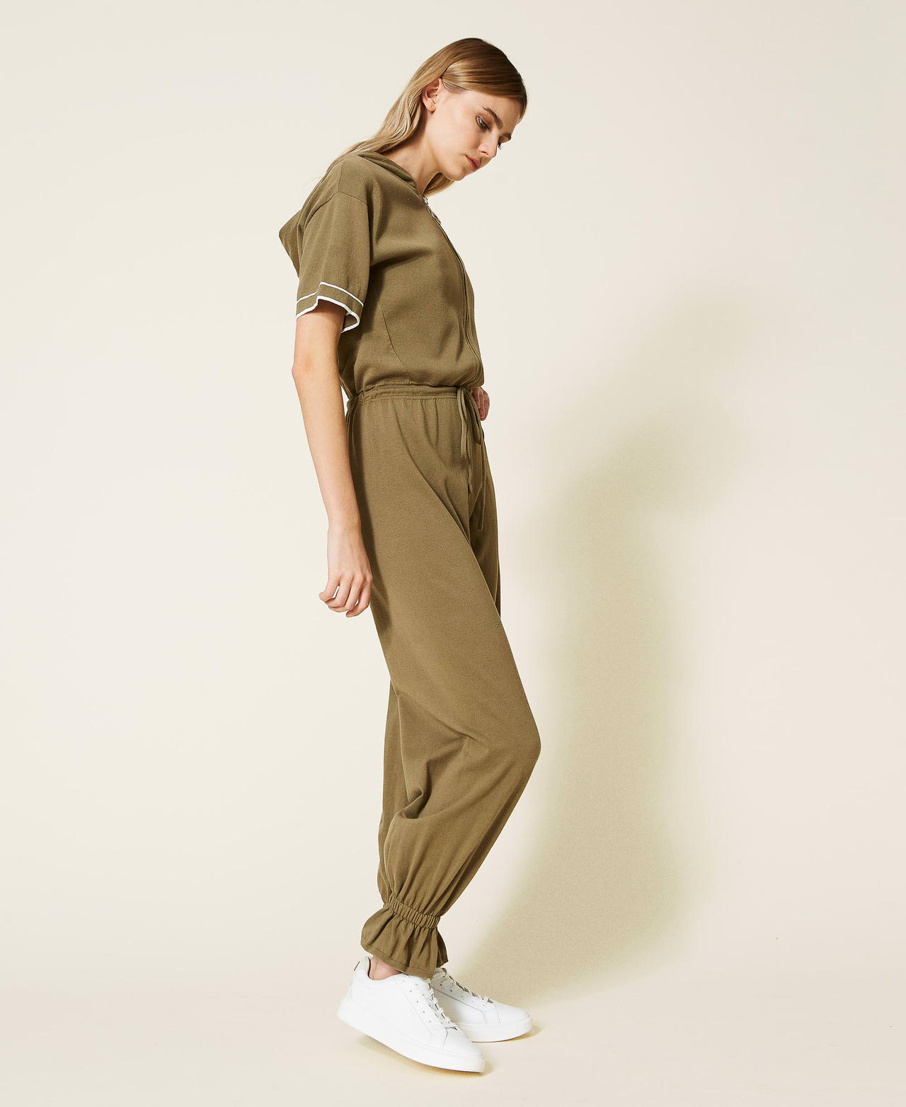 Long knit jumpsuit with zip "Olive" Green Woman 221LL31FF-02