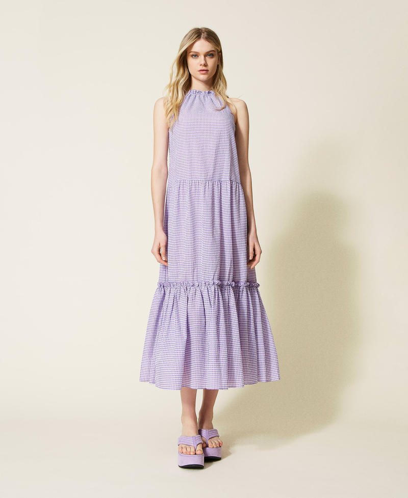 Long gingham dress with flounce "Pastel Lilac” Gingham Woman 221LM2HCC-01