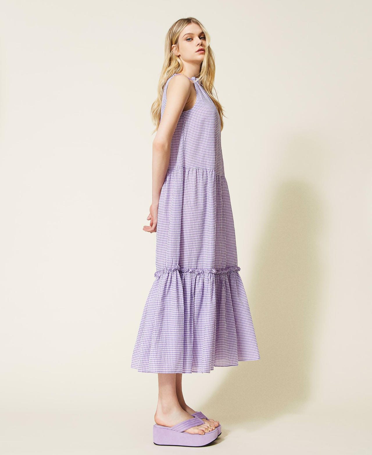 Long gingham dress with flounce "Pastel Lilac” Gingham Woman 221LM2HCC-02