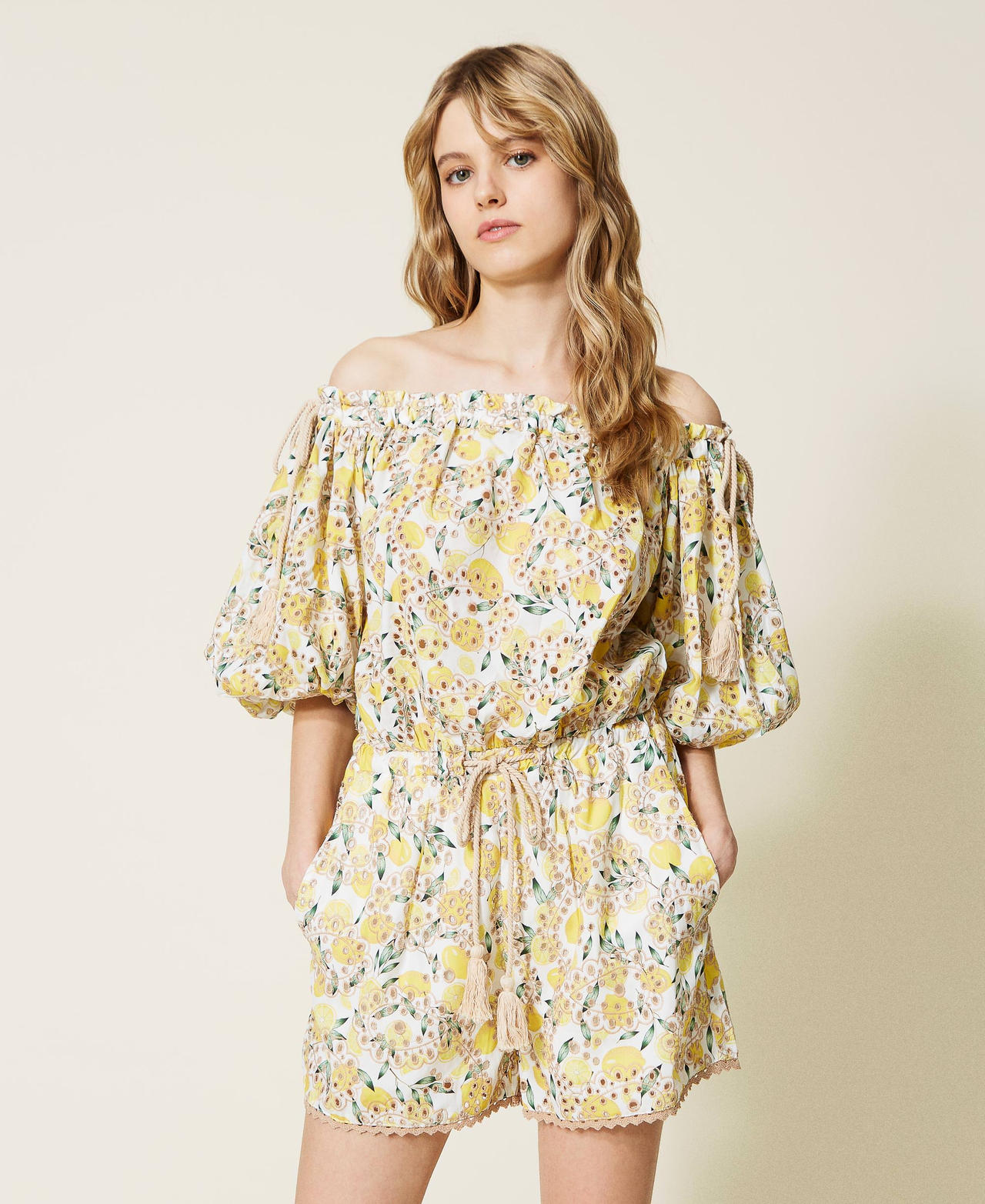 Printed jumpsuit with broderie anglaise