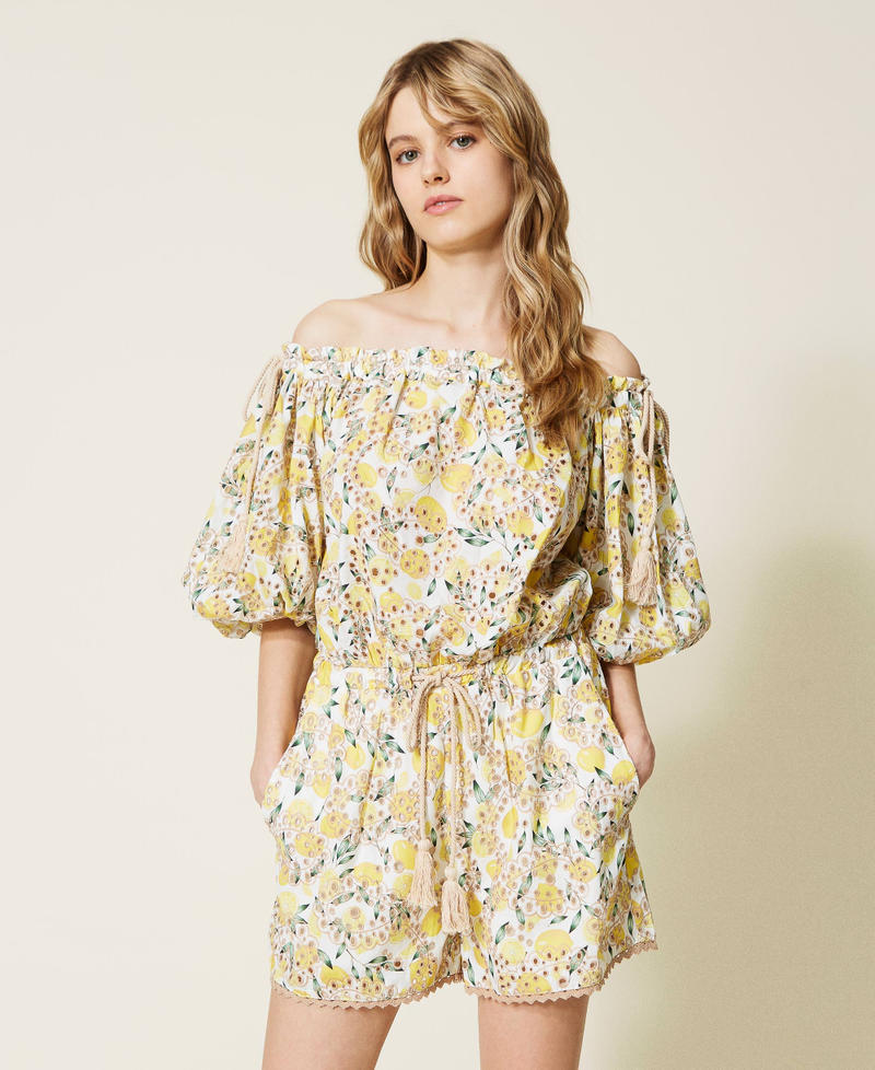 Printed jumpsuit with broderie anglaise