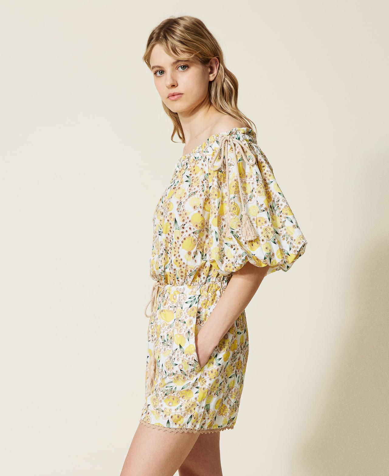 Printed jumpsuit with broderie anglaise